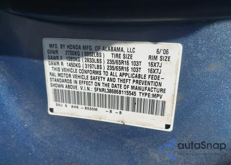 2006 Honda Odyssey Ex-L из США, поврежденный, VIN 5FNRL38686B115545